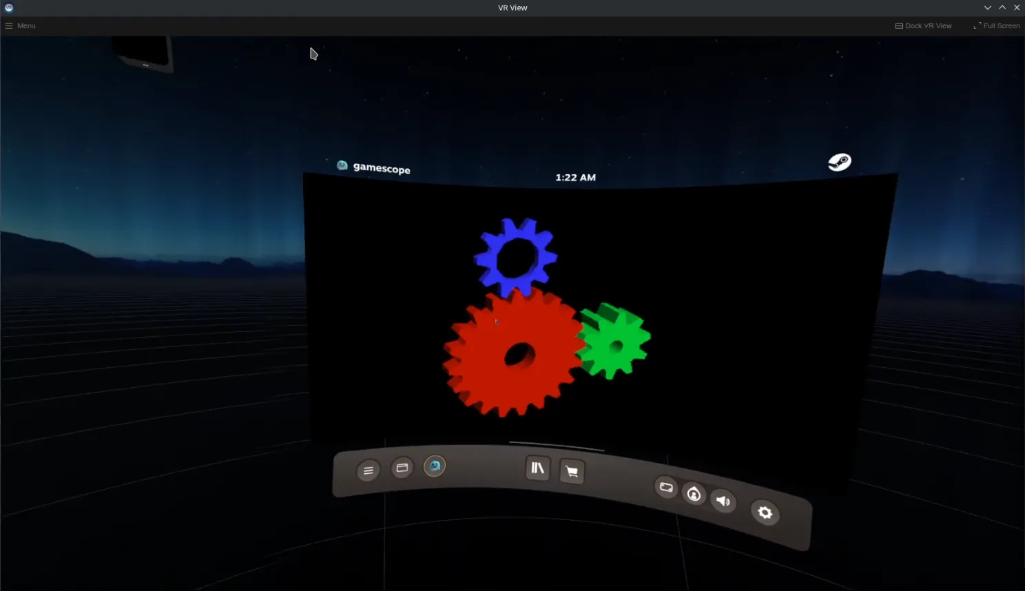 SteamVR's VR view showing glxgears running inside an overlay.